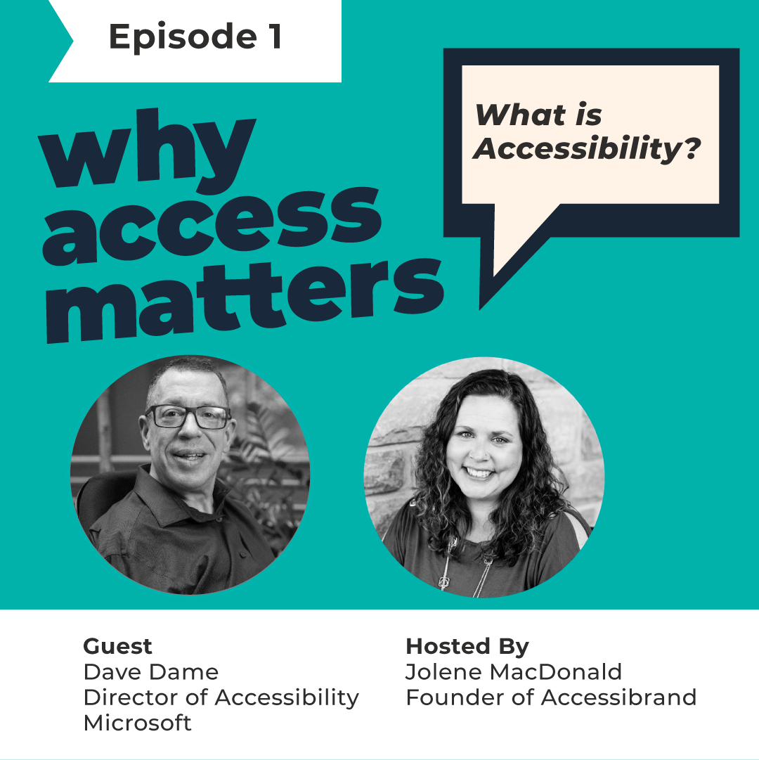 Title card for the first episode for Why Access Matters. With the words a podcast by Accessibrand below it. Portraits of Jolene MacDonald and guest Dave Dame, the director of Microsoft appear